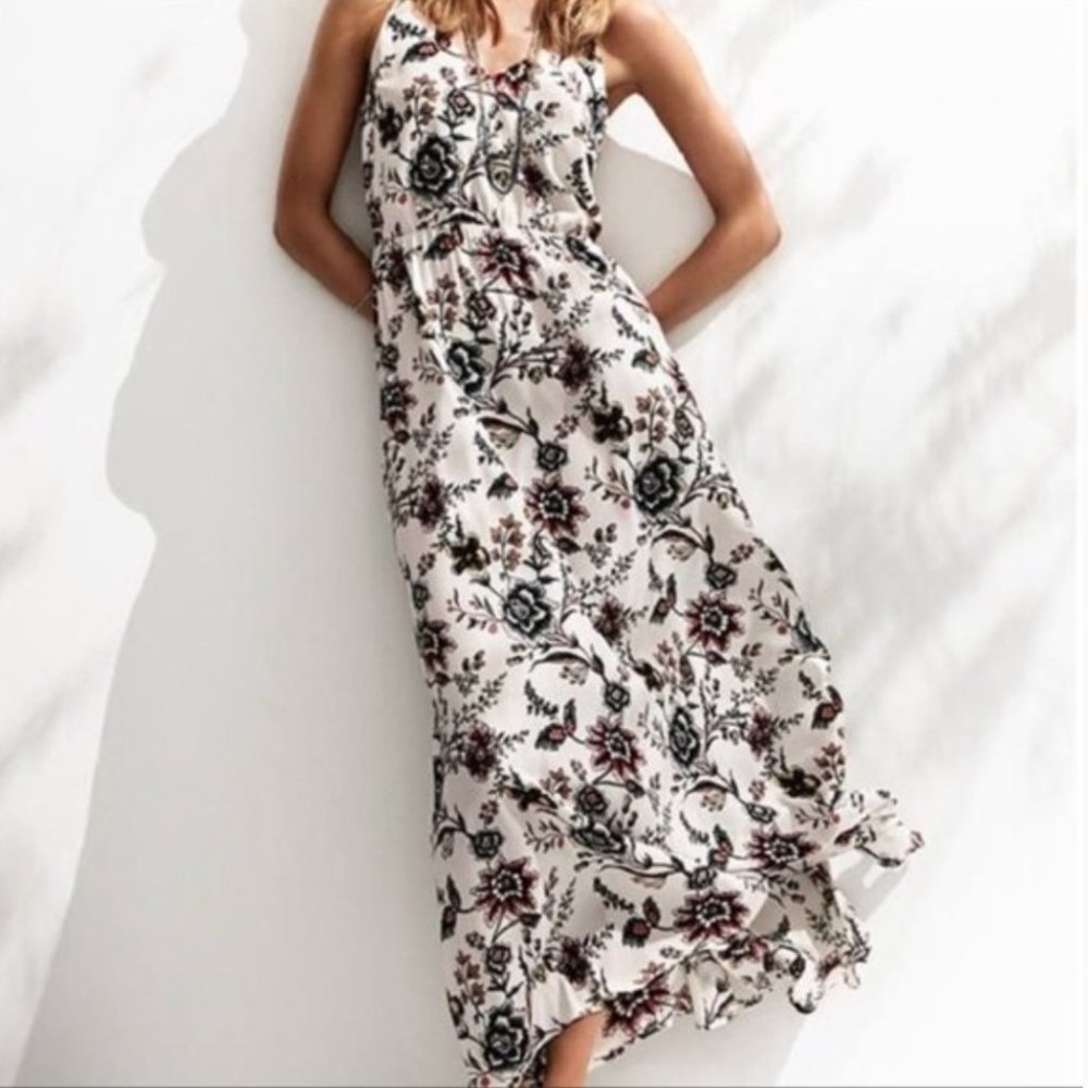 LOFT White Floral WallPaper Maxi Dress Size 0 Petite